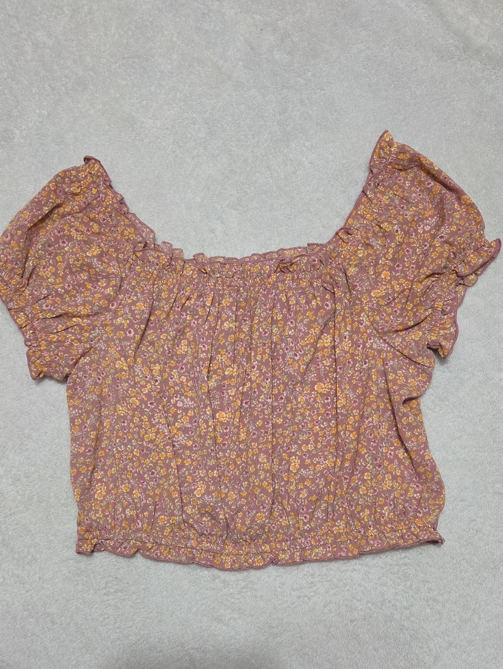 Pink Rose Mauve-Pink Floral Smocked Off-Shoulder Crop Top